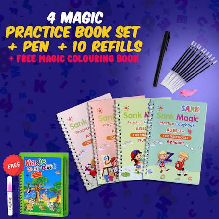 Magic Practice Copybook Set (4 Reusable Books with Magic Pen)