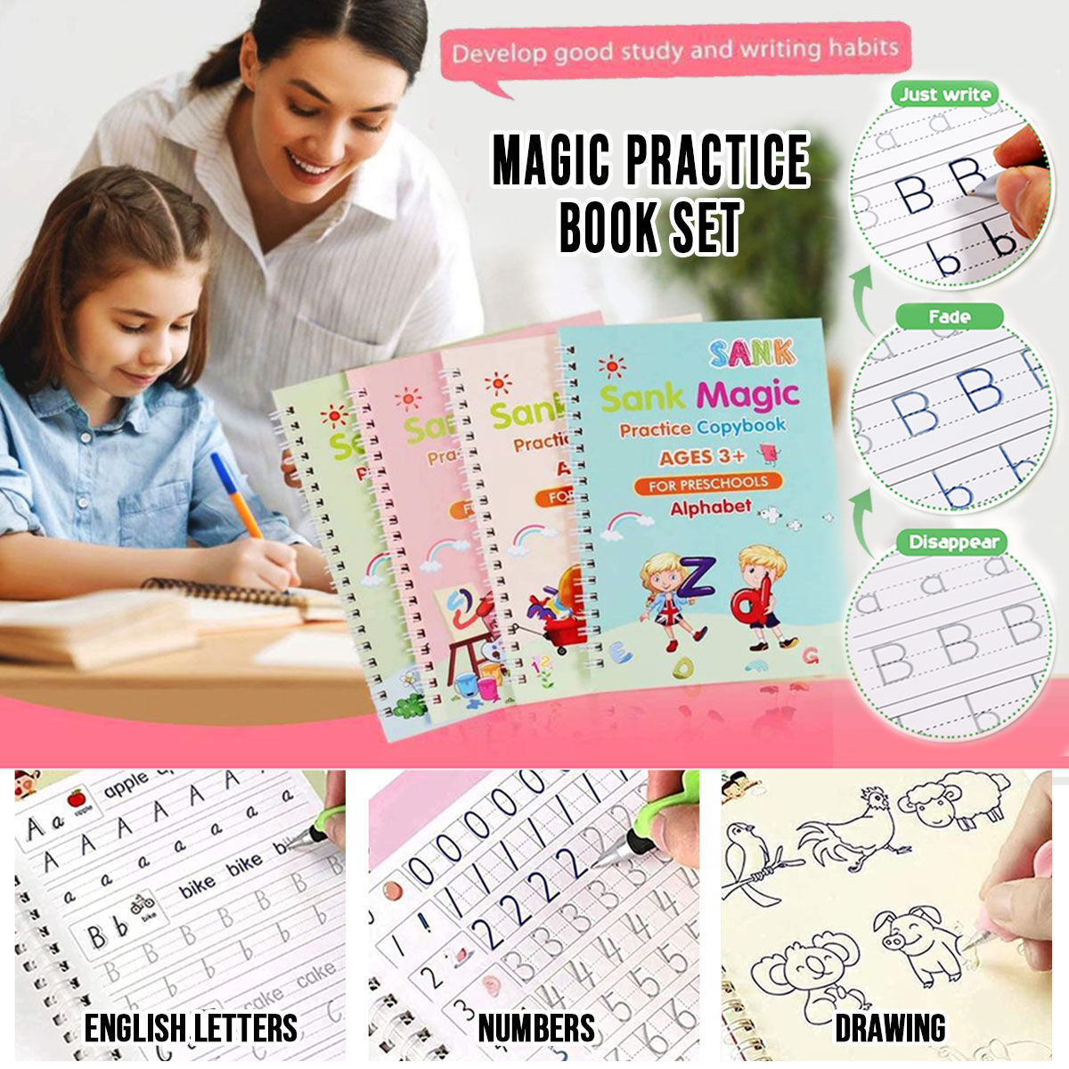 Magic Practice Copybook Set (4 Reusable Books with Magic Pen)